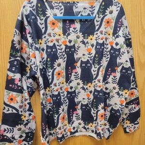 SHEIN Multicolor Cat and Floral V-Neck Sweater